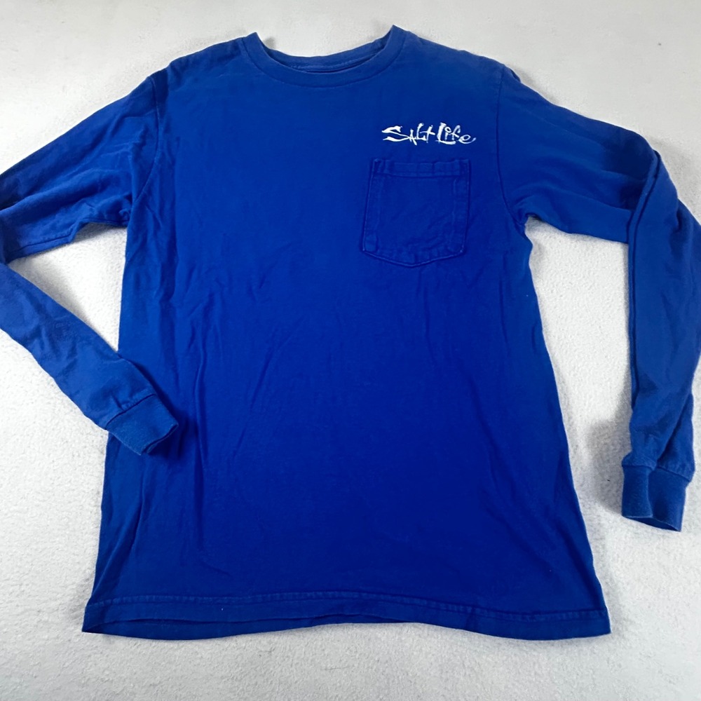 Salt Life Mens Long Sleeve Pocket T Shirt Blue Skull Fishing Rods Graphic Size S